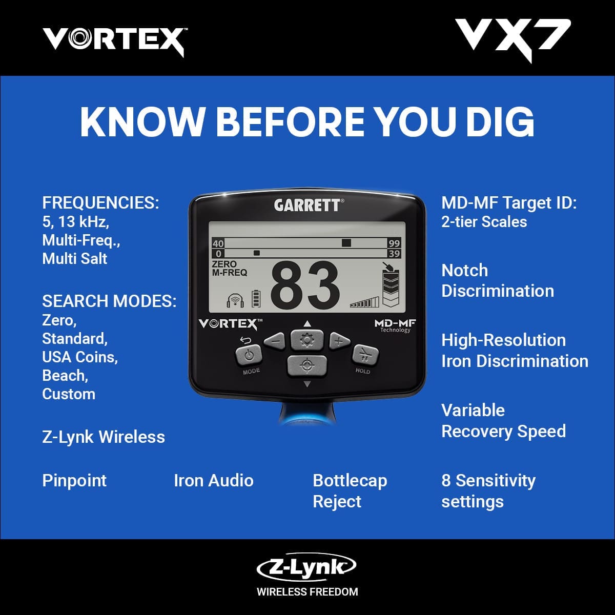 Erzurum Garrett Vortex VX7 Dedektör - VX7 hedef ID ekranı, iki katmanlı MD-MF okuma ile demir ve iletken hedefleri ayırmaya yardım eder.